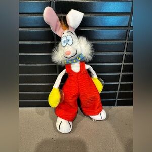 Plush vintage Roger Rabbit Stuffed Animal with Red Overalls.